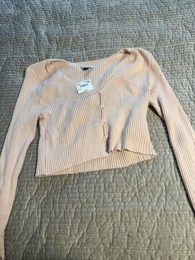 AE Ribbed Cropped Button-Up Cardigan - Light Pink